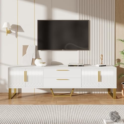 KecDuey TV-Schrank,Hochglänzender 170cm, TV Bank TV-Lowboard mit Boden, goldene Griffe und Füße, Tür mit gravierter Textur, Aufbewahrungslösung für das Wohnzimmer (Weiß und Gold, 170 x 40 x 53.5cm)