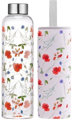 Autsel 500ml Glasflasche Trinkflasche Glas Sport Borosilikat Glass Bottle Wasser Flasche mit Neopren-Hülle mit Auslaufsichere Abdeckung