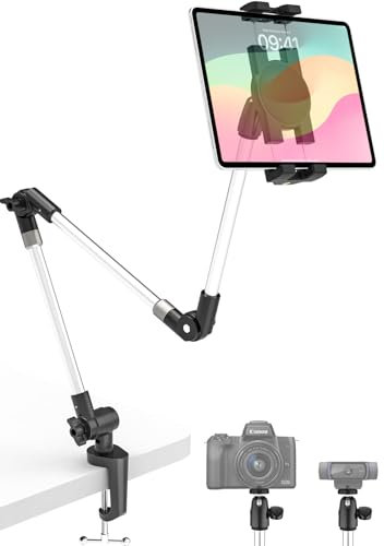 Dosvsi Soporte Tablet de Brazo de Aluminio para Cama, Ajustable 360° Soporte iPad para Mesa, Robusto Soporte para Webcam, para Tab M11 M10 P11, iPad 10,9 iPad Pro Air Mini, Galaxy Tab, 4-13 Tableta