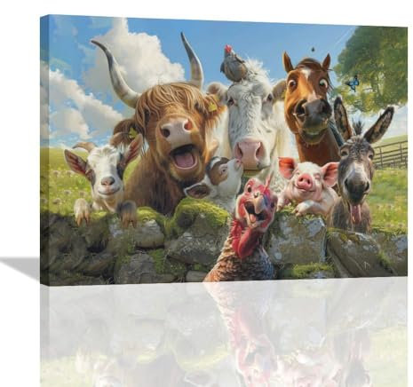 Lustige Tiere Wandkunst Bauernhaus Kuh Esel Schwein Bilder Leinwand Badezimmer Dekor Bauernhof Pferd Drucke Gemälde Rustikal Landgerahmtes Kunstwerk für Schlafzimmer Wohnzimmer Küche Badezimmer 30,5 x