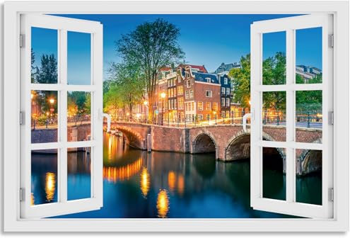 timalo Wandbild Outdoor wetterfeste Bilder für draußen | Gartenbilder Innen & Außen | Landschaftsbilder Acryl Glas Fensterblick Effekt | 80x50cm Amsterdam Stadt