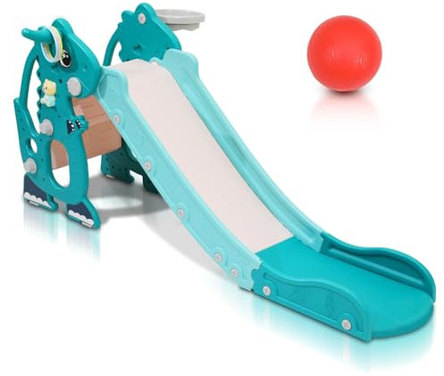 ISOISL Toboggan 4 en 1 pliable pour enfant avec panier de basket, toboggan à partir de 1 an, toboggan pour enfants à l'intérieur et l'extérieur, toboggan de jardin - Vert