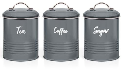EHC Tea, Coffee, Sugar, Canister Set, Set of 3 Airtight Food Storage Easy to Open Storage Canisters Jars Tin, Dark Grey