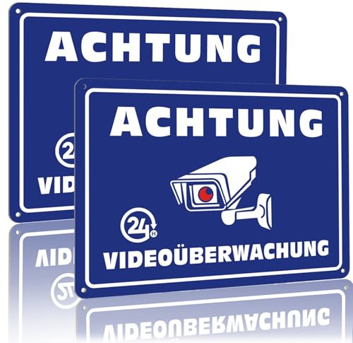 2 Schild Videoüberwachung Metall Alu, 25x18cm Achtung Videoüberwachung Schild Reflektierendes Aluminium Warnschild 24-Stunden Kameraüberwachung,4 Bohrlöcher für den Außenbereich geeignet Blau