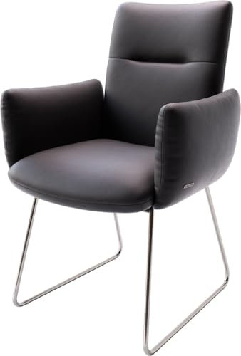 Polsterstuhl Jova-Flex mit Armlehnen Kufengestell Edelstahl Echt-Leder Schwarz Taschenfederkern