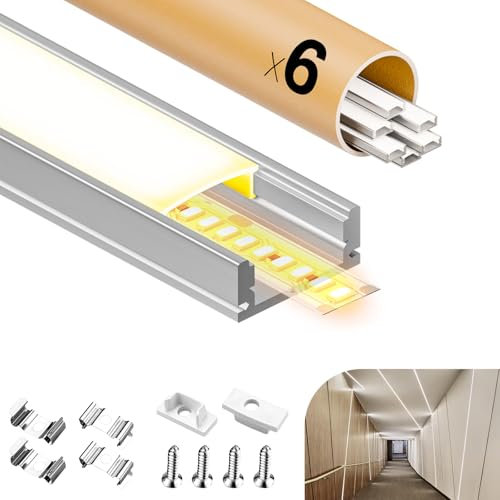 GEEKLUX LED Profil,6×2metre LED Aluminium Profil,Schiene von Für Strip,Diffusor Kanal mit Weiß Milchige Abdeckung，Endkappen und Montageklammer,Strips/Band bis 12 mm (U-12M)