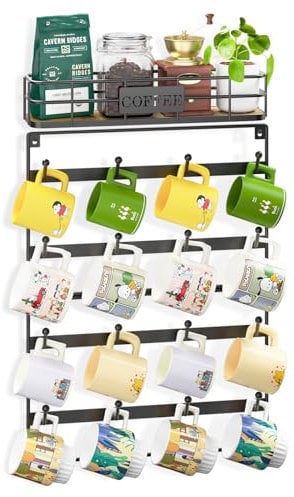 EsLuker.ly Mug Hanger Rack with Hooks Wall Mounted, Coffee Cup Holder Display for Wall, Mug Shelf for Kitchen Coffee Bar Organizer, Space-Saving Hanging Cup Storage for 16 Mugs, Coffee Nook Enhancer