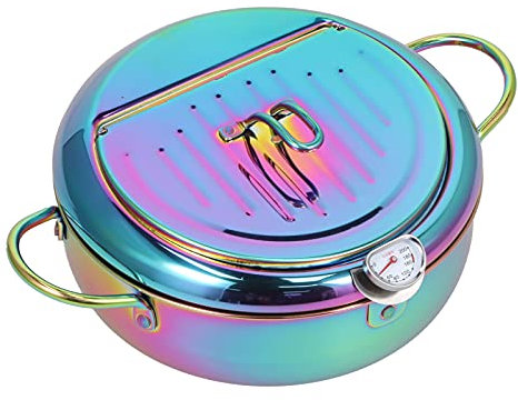 Akozon Friteuse en Acier Inoxydable avec Thermomètre – Double Couche, Friteuse Tempura Domestique, Finition or Rose Colorée (BLUE)