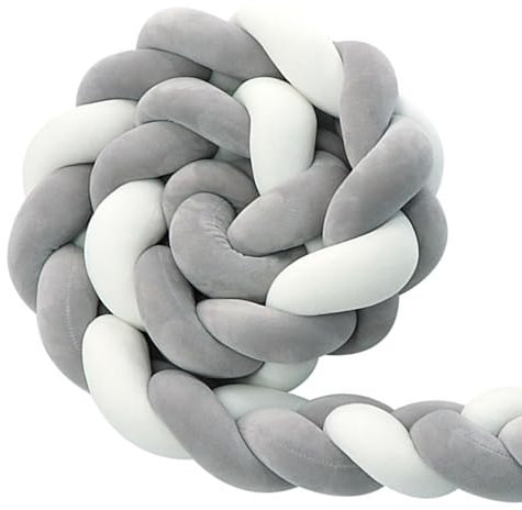 AmphaDeco Bettschlange Geflochten Seitenschläferkissen, Baumwolle Nestschlange Babybett, Kinderbett Schutz Umrandung, Baby Wickeltisch Kantenschutz Kissen Knoten für Dekorieren,Weiß dunkelgrau,250cm