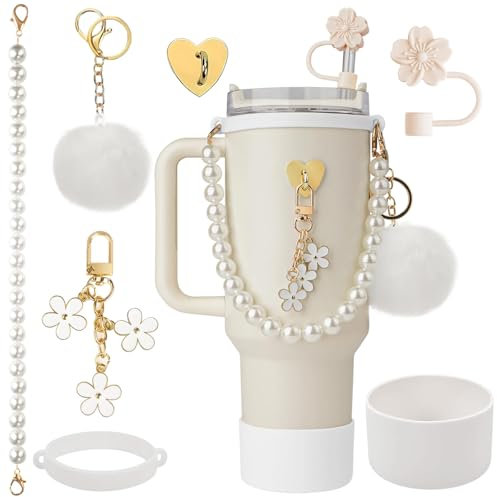 7 Pcs Stanley Cup Accessories Set, Water Bottle Handle Strap, Stanley Straw Cover, Stanley Cup Boot, Stanley Charms for Stanley Cup 30oz & 40 oz Tumbler (White)