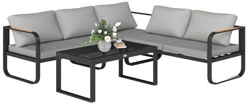 Outsunny Gartenmöbel Set L-Form wetterfest Metall Sitzgruppe für 5 Personen Gartenlounge mit 2er-und 3er Sofa Kissen Beistelltisch Outdoor Balkonmöbel-Set Terrassenmöbel für Garten Balkon Grau