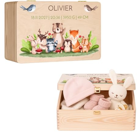 Maverton Erinnerungsbox Baby mit Namen, Aufbewahrungsbox mit Deckel | Personalisierte Geschenke Baby, Geschenk für Mädchen und Jungen zur Geburt zur Taufe, aus Kiefernholz