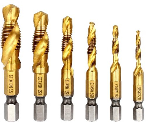 6Pcs HSS Tap Drill Bit Set, 2 in 1 Combination Drill and Tap Bits | Metric M3 M4 M5 M6 M8 M10, 1/4 Hex Shank Thread Tapping Bits for Aluminium, Copper, Wood, Plastic and Sheet Metal