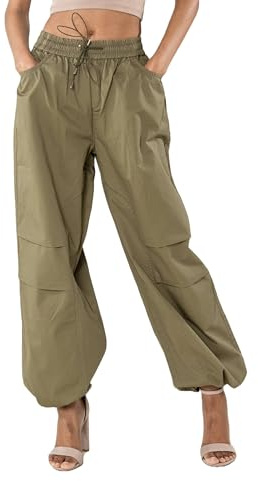 Nina Carter YY306 Damen Cargo Hose – Weit geschnitten, High Waist, Tunnelzug, Plissee an den Knien, Verstellbarer Beinabschluss, Streetwear Stil