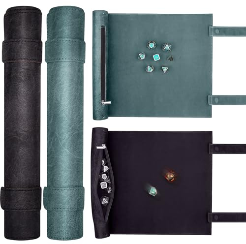 SIQUK 2 Stücke Würfelmatte im Schriftrollen Stil Würfelmatte Rollentablett Würfelschale zum Rollen Würfeltablett & Würfelsack mit Würfel Aufbewahrung Würfelteller für DND RPG (Cyan, Schwarz)