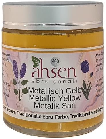 Ahsen Ebru Marmorierfarbe 105 ml – Wasserbasierte, konzentrierte Marmorierfarbe für Papier, DIY, Kunstprojekte & Dekoration – Gruppe 2 – Traditionelle Ebru-Kunst aus der Türkei (Metallisch Gelb)