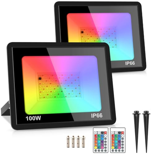 Qusedwey 2 Pack 100W RGB LED Floodlights Color Changing Landscape Floodlights IP66 Waterproof with Remote for Party, Garden, Halloween 110V