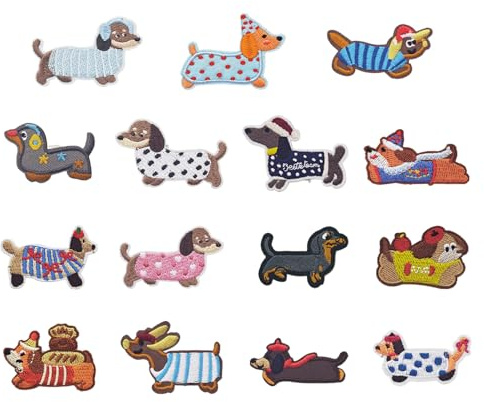 15 Stücke Dackel Patches zum Aufkleben Set für Kleidung | Selbstklebende Bügelflicken Alternative, Lustige Dachshund Aufnäher, für DIY, Textilien, Rucksäcke, Geschenke, Hundeliebhaber