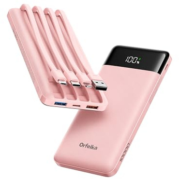 Orfeika 10000mAh Power Bank, 22.5W Fast Charging Portable Charger | Built-in 4 Cables, LED Display, Low-Current Mode, Battery Pack for iPhone/Samsung/Android/iPad, Travel Essentials(Pink)