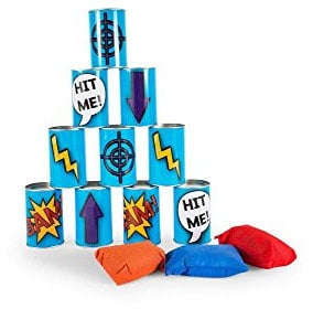 BS Toys Dosenwerfen Kinder - Spielzeug für Draußen - Outdoor Spielzeug ab 3 jahre - Wurfspiel für Kinder - Kinderspiele mit 10 Blau Blechdosen und 3 Wurfsäcke - Einheitsgröße