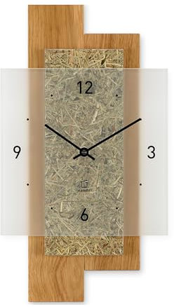 Natuhr Wanduhr Waldlager Eiche Massivholz und Designoberfläche aus echtem Heu Eiche geölt mit Heugras und Satinato Weißglas