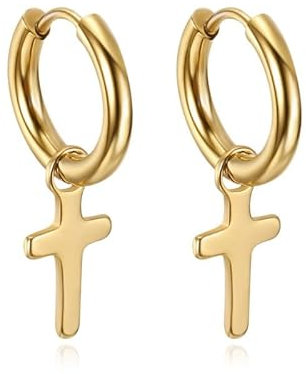 BOBIJOO JEWELRY - Paire Boucles d'Oreilles Homme Femme Créoles Croix Catholique Doré Acier Inoxydable Or