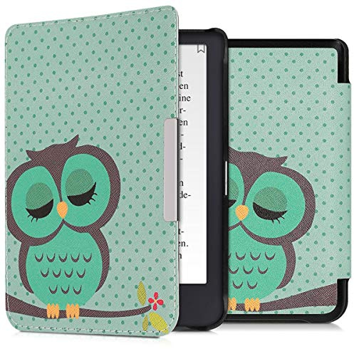 kwmobile Schutzhülle für Tolino Shine 3 Hülle - eReader Flip Case mit Auto Sleep Funktion - Eule Schlaf mit Türkis Braun Mintgrün