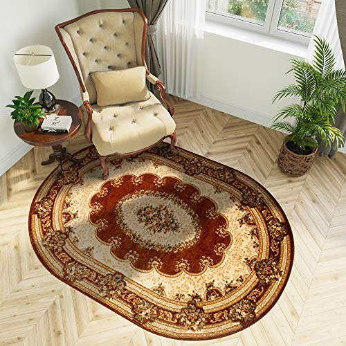 TAPISO Yesemek Teppich Oval Kurzflor Klassisch Gemustert Oriental Floral Ornament Braun Creme Bordüre Schlafzimmer Wohnzimmer ÖKOTEX 200 x 300 cm