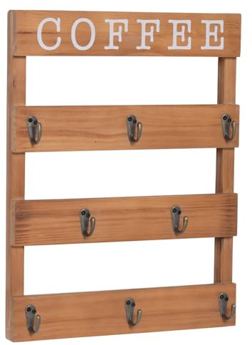 Emaison Porte-mug mural en bois rustique avec 8 crochets pour la maison, la cuisine, le rangement et la collection Marron 38 x 6,3 x 45 cm