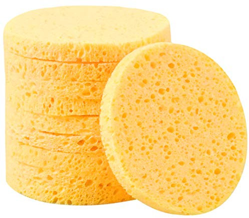 10 Pièces Visage Nettoyage Éponges en Cellulose, Visage Lavage Démaquillage Éponges, 8cm Cosmétiques Éponges, Maquillage Beauté Eponge Houpette Faciales (Jaune) (Rond)