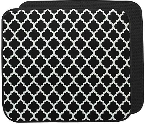 S&T INC. Dish Drying Mat for Kitchen, Absorbent, Reversible Microfiber Dish Mat Value Pack for Kitchen, 16 Inch x 18 Inch, Black and Black Trellis, 2 Pack