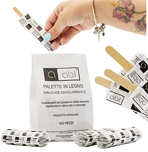 Palette in Legno in Sacchetto di Carta - Palettine Monouso per Girare Zucchero Bevande e Caffe nei Bicchierini - 500 Cucchiaini da Caffe - Singole Buste - Stecca gelato - Made in Italy