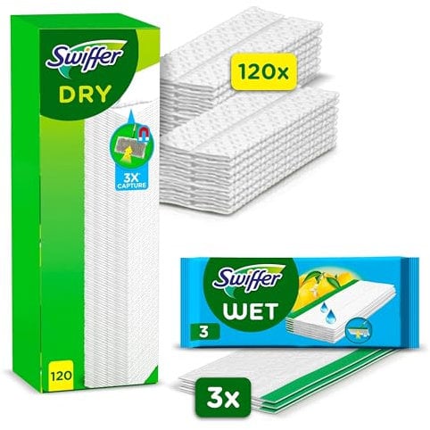 Swiffer Panni Catturapolvere, 120 Microfibre Dry e 3 Lavapavimenti, Cattura Polvere e Sporco, Ottimo per Tutti i Tipi di Pavimenti e per i Peli di Animali, Maxi Formato
