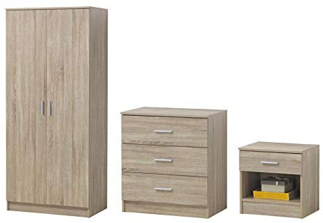 Timber Art Design UK Rio Costa 3 Piece Bedroom Furniture Set Includes 2 Door Wardrobe with Hanging Rail & Shelf, 3 Drawer Chest & 1 Single Drawer Bedside Table for Living, Bedroom, Hallway, Sonoma Oak