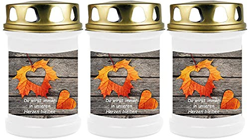 HS Candle Grabkerze Grablicht - 3er Pack - (Laub Herz) - ca 40h Brenndauer je Kerze (14,5cm, Ø 7cm) - viele Verschiedene Designs
