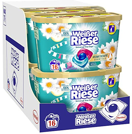 Weißer Riese Universal Trio-Caps Aromatherapie Essentials 128 (8x 16) Wäschen, Waschmittel mit Lotus & Mandelöl, pflegendes Vollwaschmittel mit ätherischen Ölen, die zu 100% natürlich sind