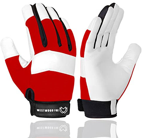 WESTWOOD FOX Gants de travail de jardinage résistants aux épines en cuir souple et robuste pour mécanicien, dextérité, gants de construction respirants pour homme et femme (Rouge, M)