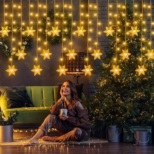 fobaston Schneeflocke Lichtervorhang Warmweiß 3.6M Lichterketten Vorhang Fenster Strom Weihnachtsbeleuchtung wasserdicht außen/innen für Balkon Terrasse Hochzeit Party