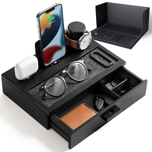 Holme & Hadfield Premium Wooden Phone Docking Station with Drawer – Nightstand Organizer for Charging Phone & Earbuds – Declutter Your Space with Felt-Lined Protection & Watch Pillar – Gift For Men
