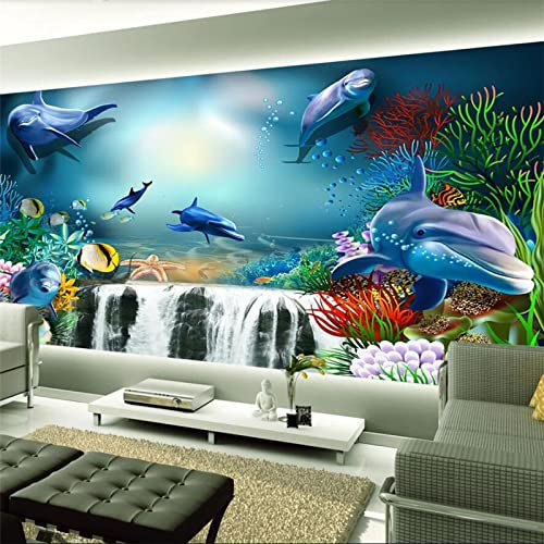 YABAOST Papier Peint Adhesif Mural 140X70Cm Papier Peint Autocollant 3D Pvc Étanche Plage Bleu Dauphins Décoration Murale Xxl Poster Tableaux Muraux Tapisserie Photo Trompe L'Oeil
