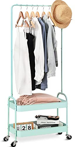 kingrack Kleiderstange Garderobenständer,Kleiderstangen Rollen,Schlafzimmer Kleiderständer,Freistehender Regalwagen 2 Etagen Lagerregal Ablage,Schwerlast Rollwagen Allzweckwagen Grün,WK830503-GN