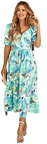 HEYPORK Damen Frühling Sommer Rock Bequem Lässig Kleider Mode Elegant Röcke Frauen Gedruckt Taille Versammlung Puffärmel V-Ausschnitt Kleid Lang(Grün, M)