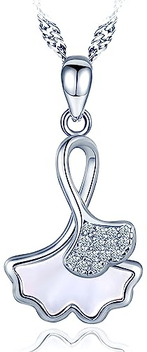 MICMIF Gingko Blatt Anhänger Damen 925 Silber Blatt Kette mit Muscheln und Zirkonia Schmuck Kette 45cm für Frauen Mädchen