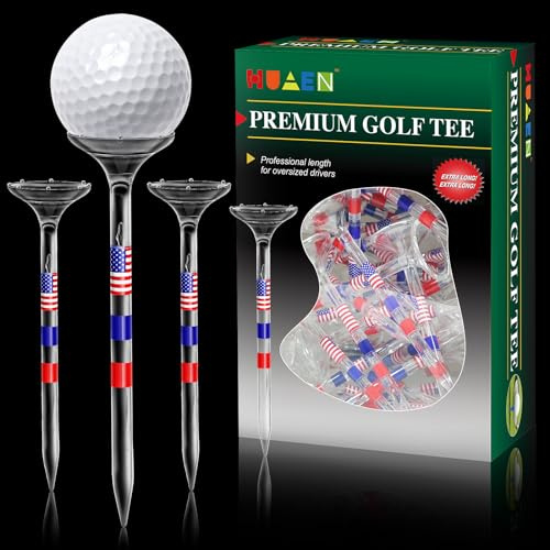 HUAEN Unbreakable Golf Tees Plastic Golf Tees 3-1/4 Inch Unbreakable Long Tees Bulk,Low Friction and Resistance （USA Flag Series