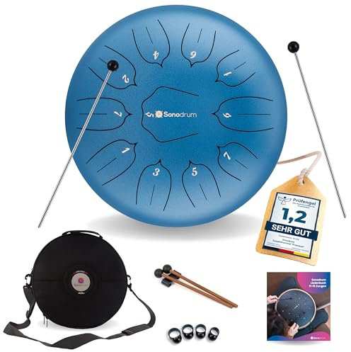 Sonodrum Zungentrommel Standard D - Dur in Blau - 30 cm groß mit 11 Tönen - Steel Tongue Drum inkl. Liederbuch, Schlägel, Fingersticks und Tragetasche - Notenlesen nicht nötig, einfach zu spielen.