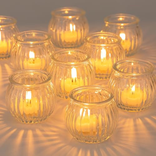 NUPTIO Portacandelitas de Vidrio: 12 Piezas Calabaza Claro Navidad Tea Light Titulares Pequeño Cristal Acanalado Vela de Té Boda Centro de Mesa Adornos de Navidad
