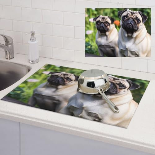 Mops im Garten Abtropfmatte für Küche, 45,7 x 61 cm, Abtropfmatte, super saugfähige Abtropfmatte für Küche, Theke, Abtropfmatte, rutschfeste Kaffeematte, leicht zu reinigen, Küchentrocknungsmatte