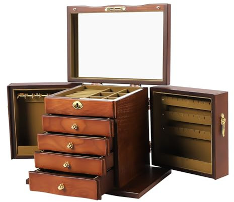 banborba Antike Schmuckkästchen mit Schloss, Schmuckkästchen aus Holz für Frauen, 5 Schichten Schmuckschatulle Schmuckkoffer mit Spiegel für Schmuck, Halsketten, Ringe