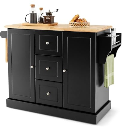 GIANTEX Carrello da Cucina con 3 Cassetti e 2 Armadi, Isola da Cucina Mobile con 5 Ruote Nascoste, Credenza Carrello da Portata con Portasciugamani e Portaspezie,126x45x91,5 cm (Nero)