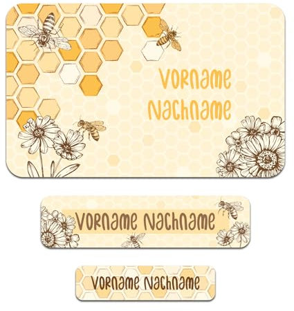 50 x personalisierte Namensaufkleber Sticker mit Wunschname Klebeetiketten zum Markieren Stifte Hefte mit Kinder Name Schule Kindergarten Aufkleber Set (42 Biene)